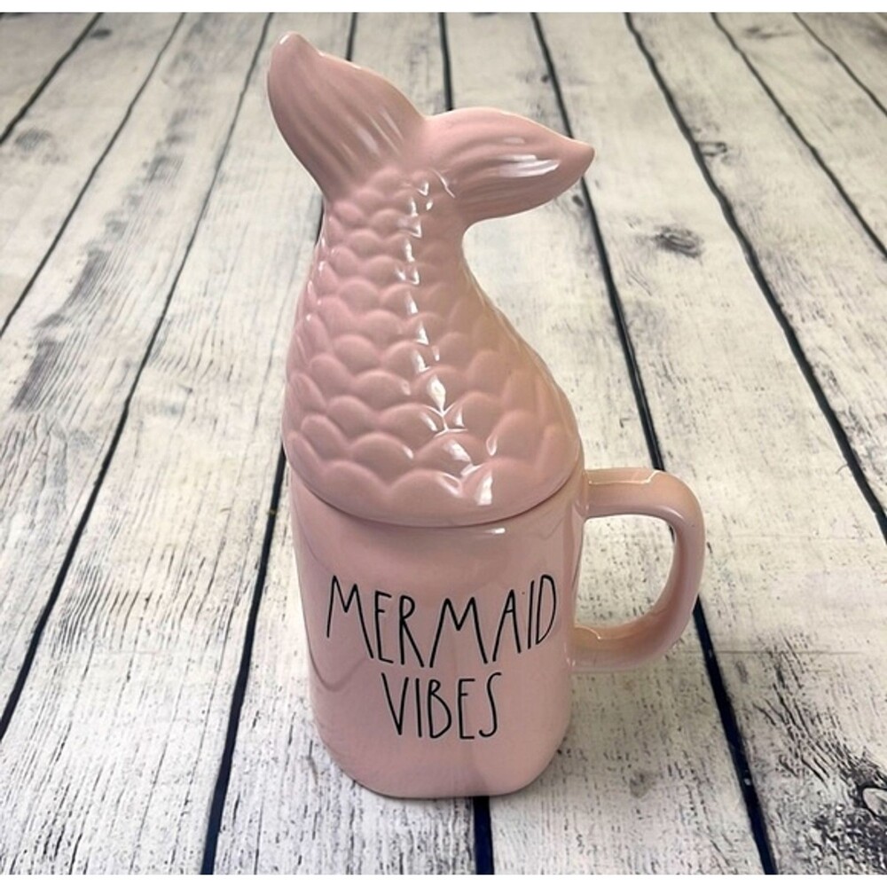 Rae Dunn Mermaid Vibes Pink Mug With Tail Topper NEW